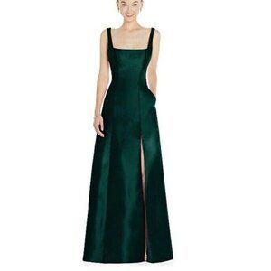 Alfred Sung Hunter Green Square Neck Satin A-Line Gown Size 18 $261 D826